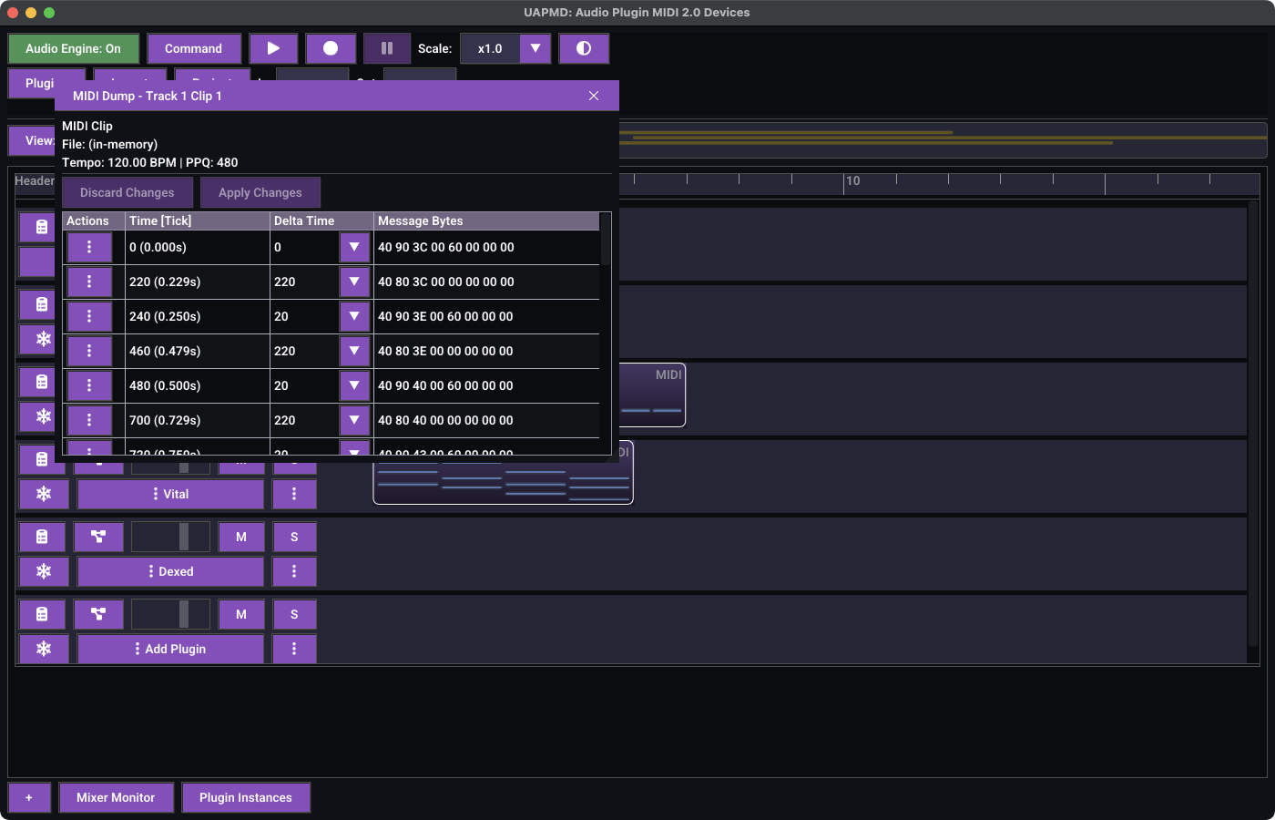 The MIDI event list editor